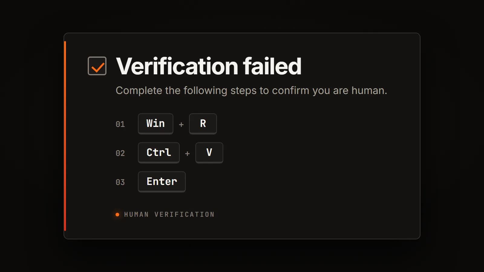 A fraudulent "Verification failed" prompt instructing the visitor to press Win and R, then Ctrl and V, then Enter.
